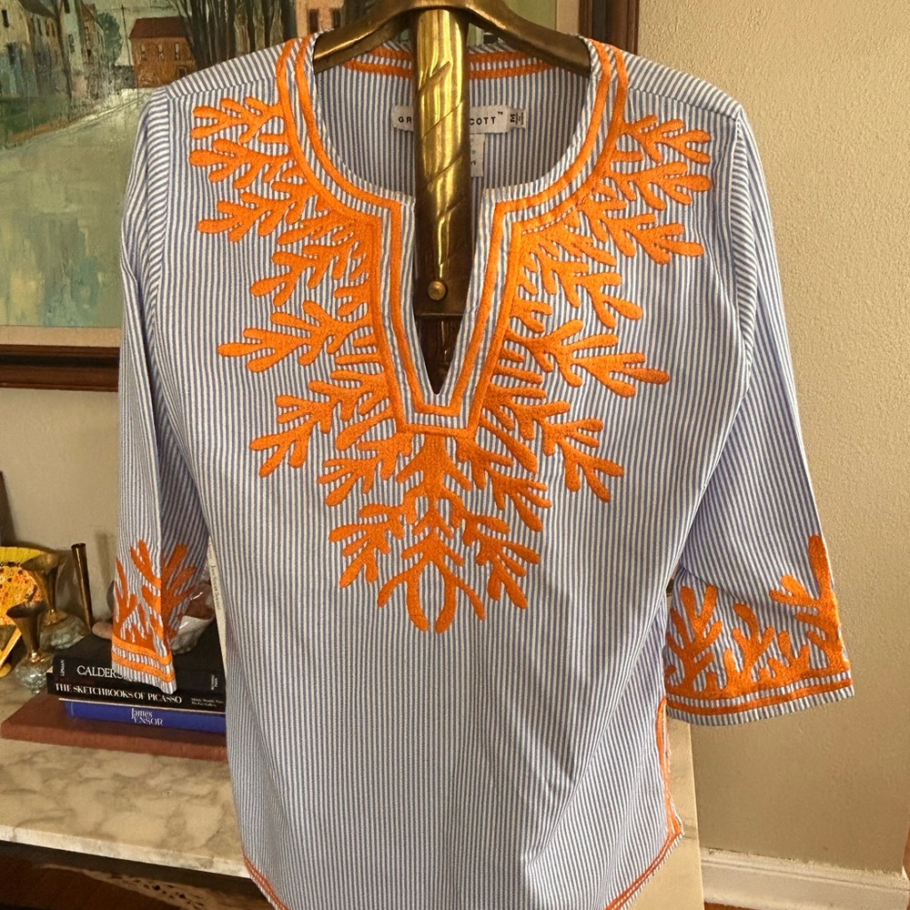 Gretchen Scott Designs Blue & White Striped Tunic with Orange Embroidery